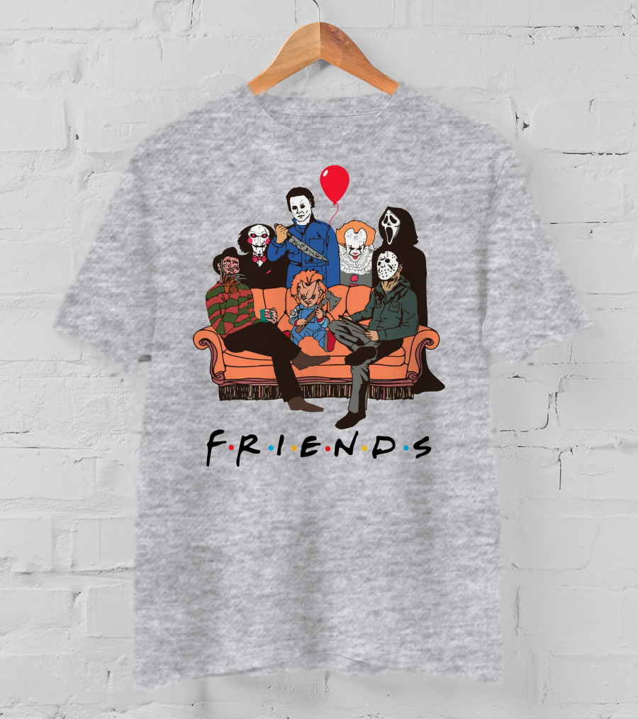Famous Horror Movie Killers Characters Friends Sitting On Couch With Red Balloon T-Shirt
