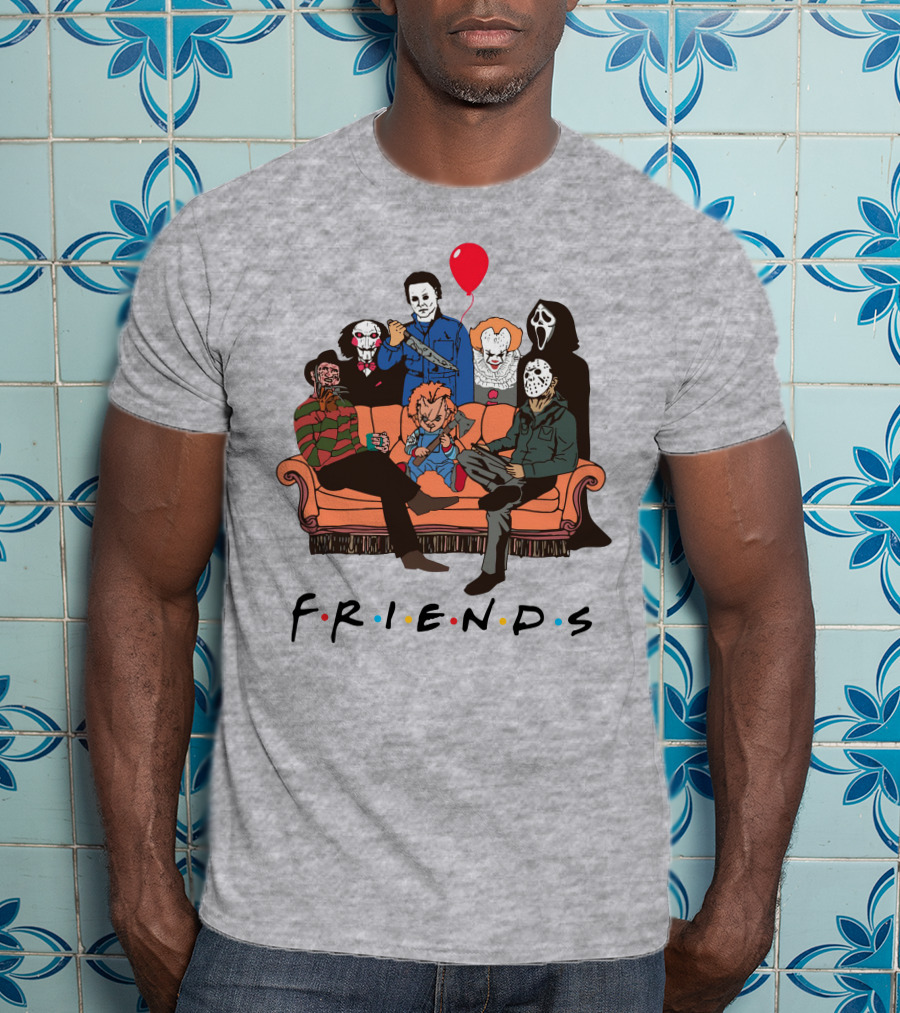 Famous Horror Movie Killers Characters Friends Sitting On Couch With Red Balloon T-Shirt