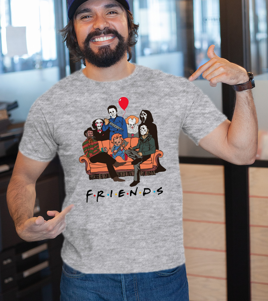 Famous Horror Movie Killers Characters Friends Sitting On Couch With Red Balloon T-Shirt