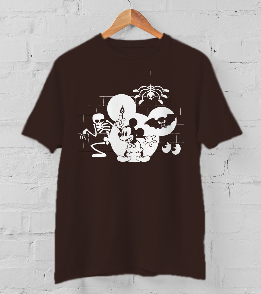 Mickey Mouse Haunted Halloween Mansion With Skeleton And Bat T-Shirt