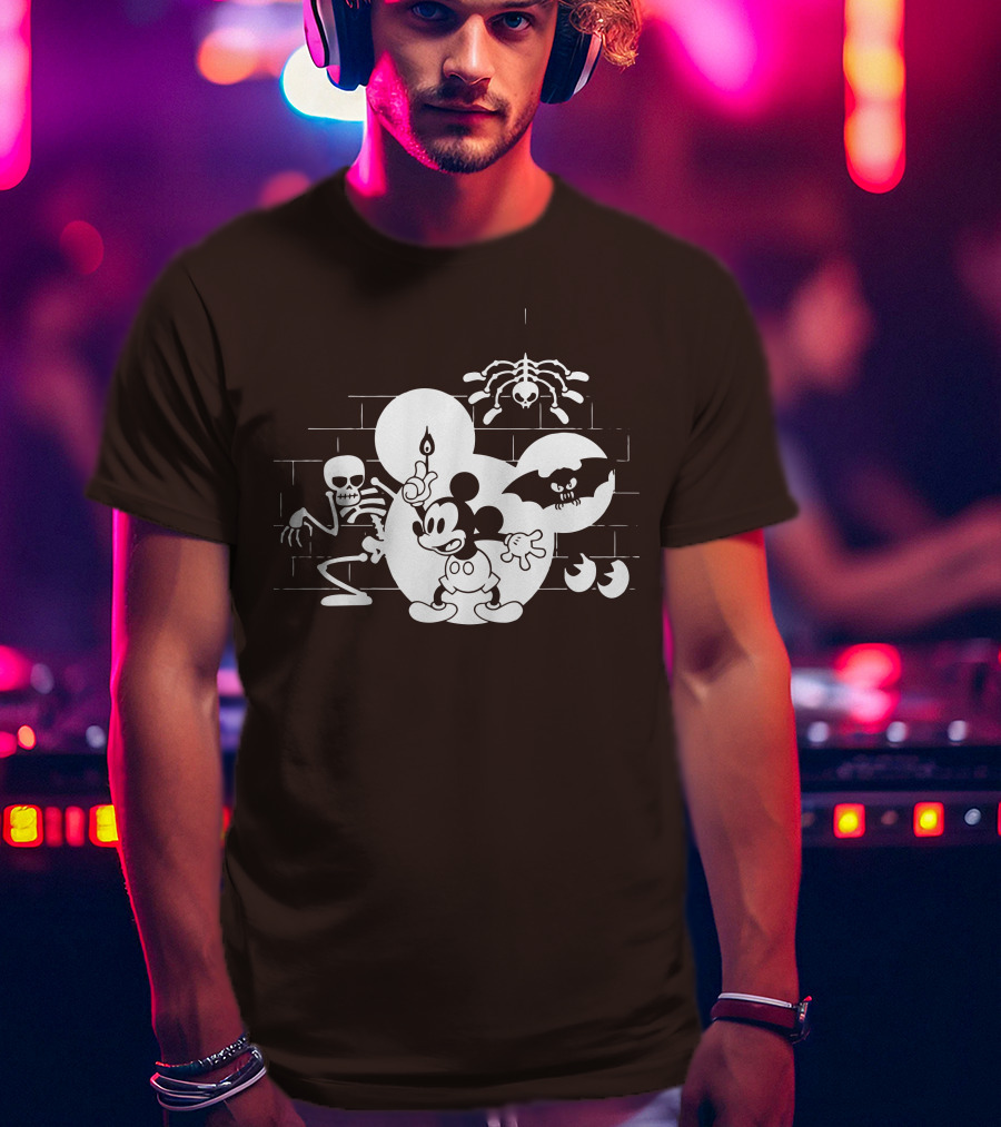 Mickey Mouse Haunted Halloween Mansion With Skeleton And Bat T-Shirt