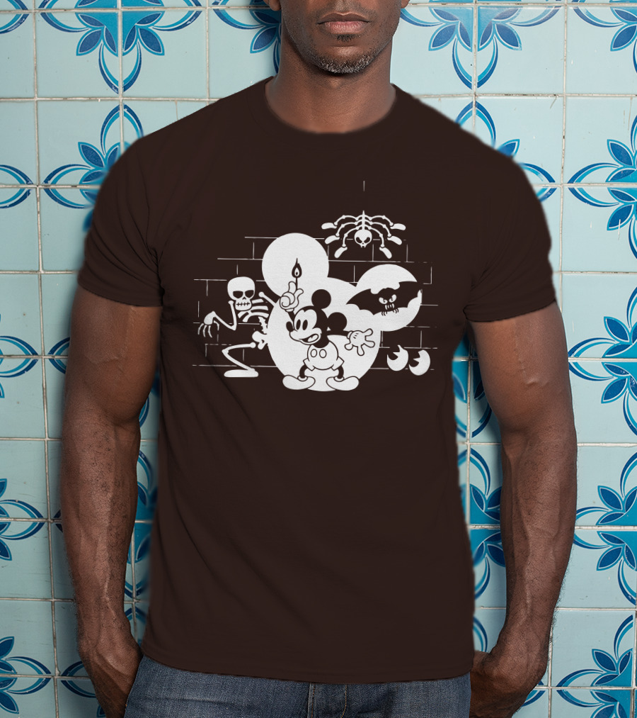 Mickey Mouse Haunted Halloween Mansion With Skeleton And Bat T-Shirt