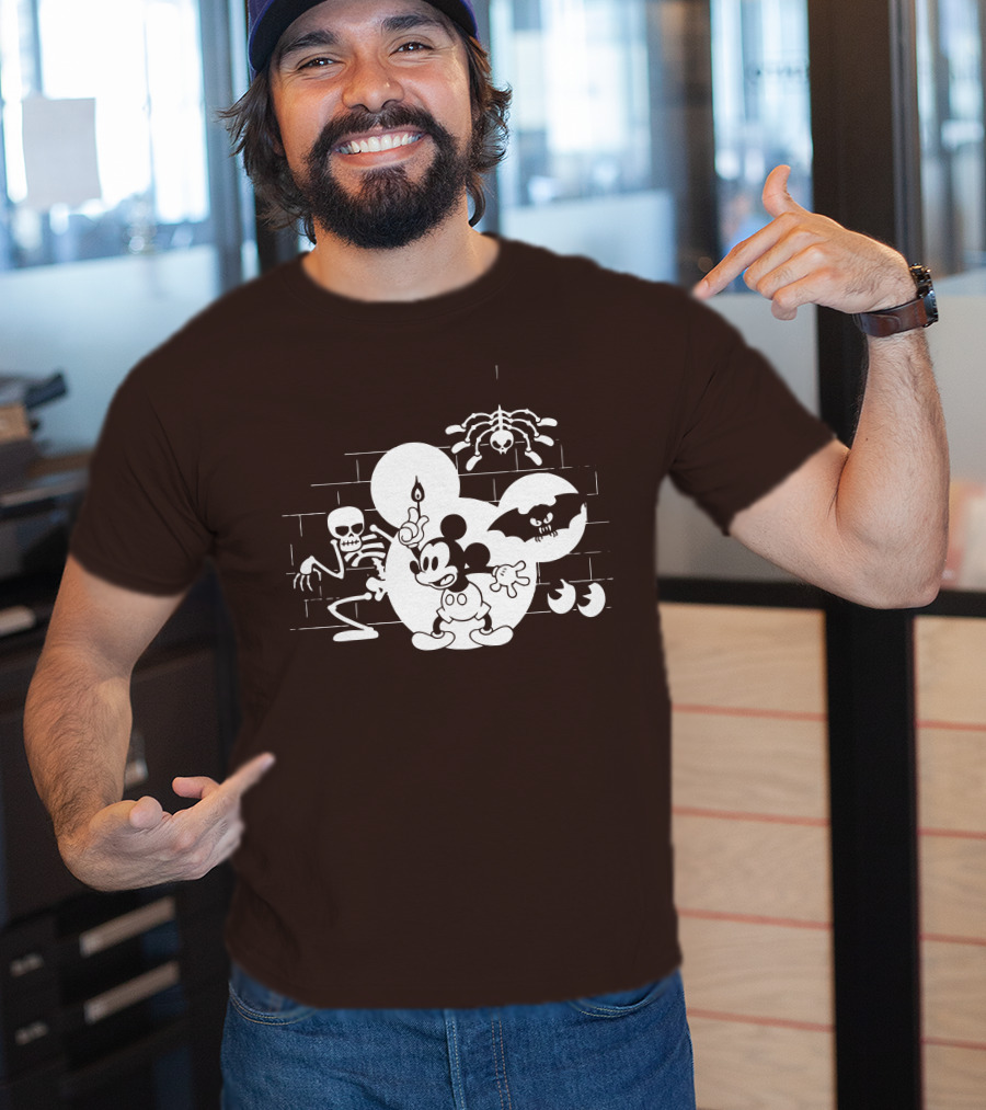 Mickey Mouse Haunted Halloween Mansion With Skeleton And Bat T-Shirt