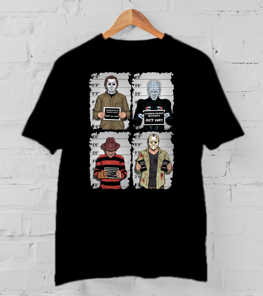 Horror Movie Characters Mugshot Haddonfield Lumber Depot Freddy Elm Street Lake Crystal T-Shirt