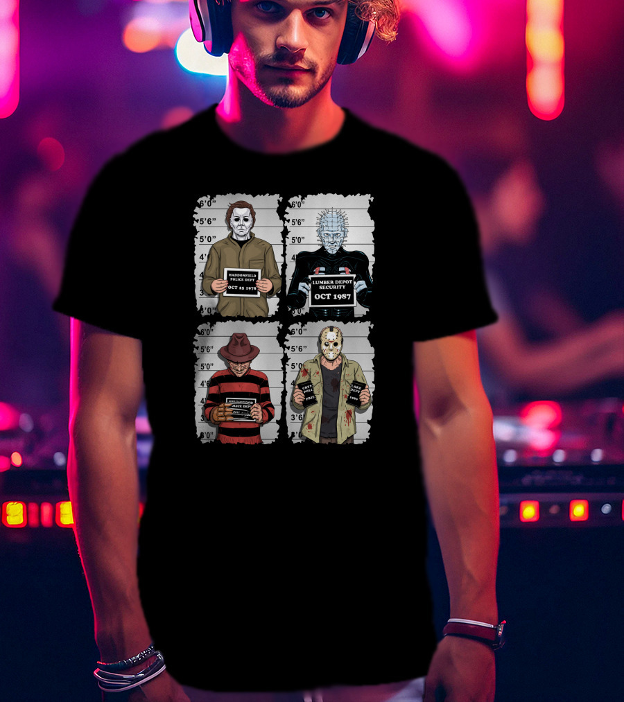 Horror Movie Characters Mugshot Haddonfield Lumber Depot Freddy Elm Street Lake Crystal T-Shirt