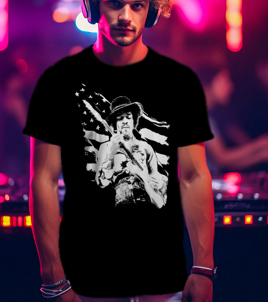 Jimi Hendrix Americana With Stars And Stripes Flag T-Shirt