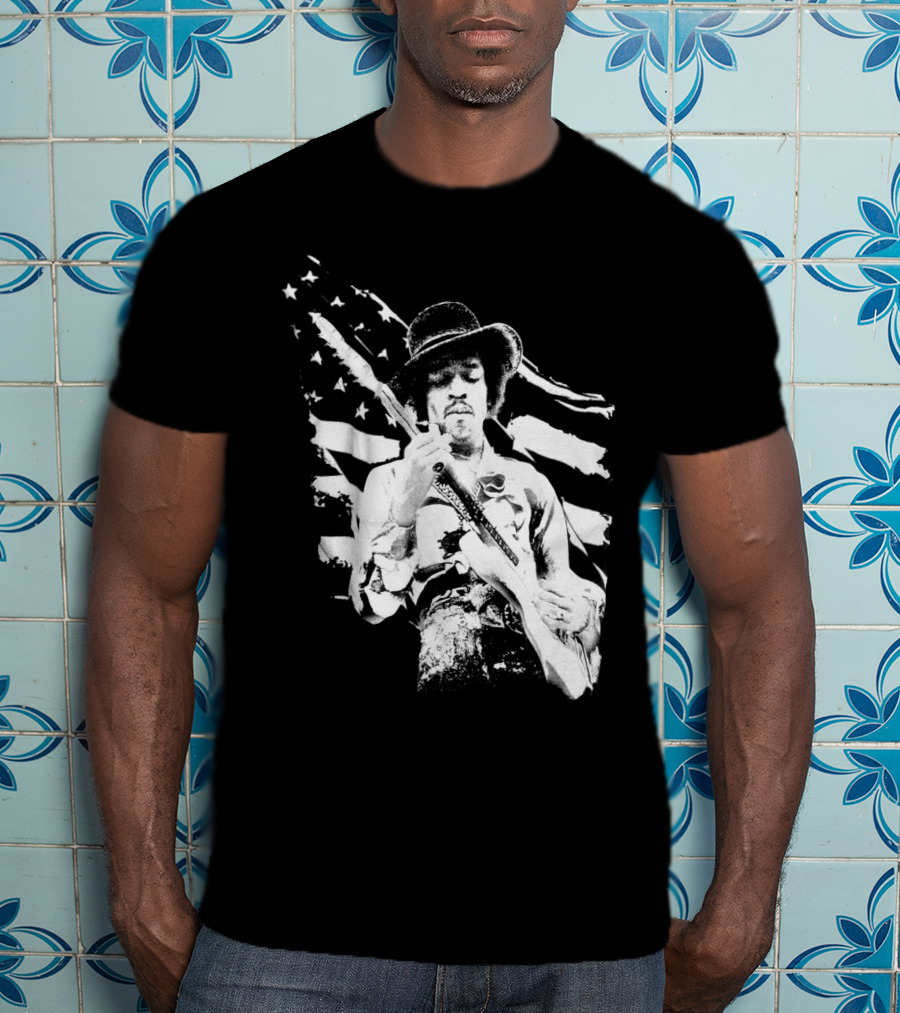Jimi Hendrix Americana With Stars And Stripes Flag T-Shirt