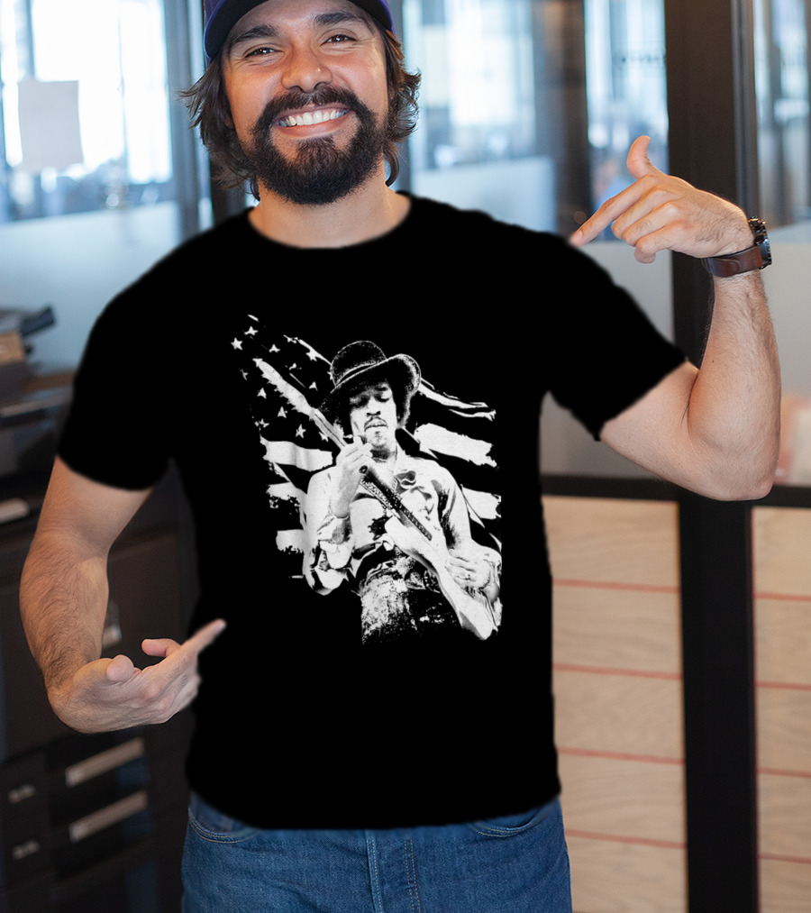 Jimi Hendrix Americana With Stars And Stripes Flag T-Shirt