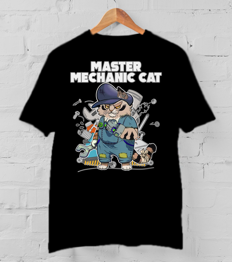 Master Mechanic Cat Repair Crew With Tools And Blue Overalls T-Shirt