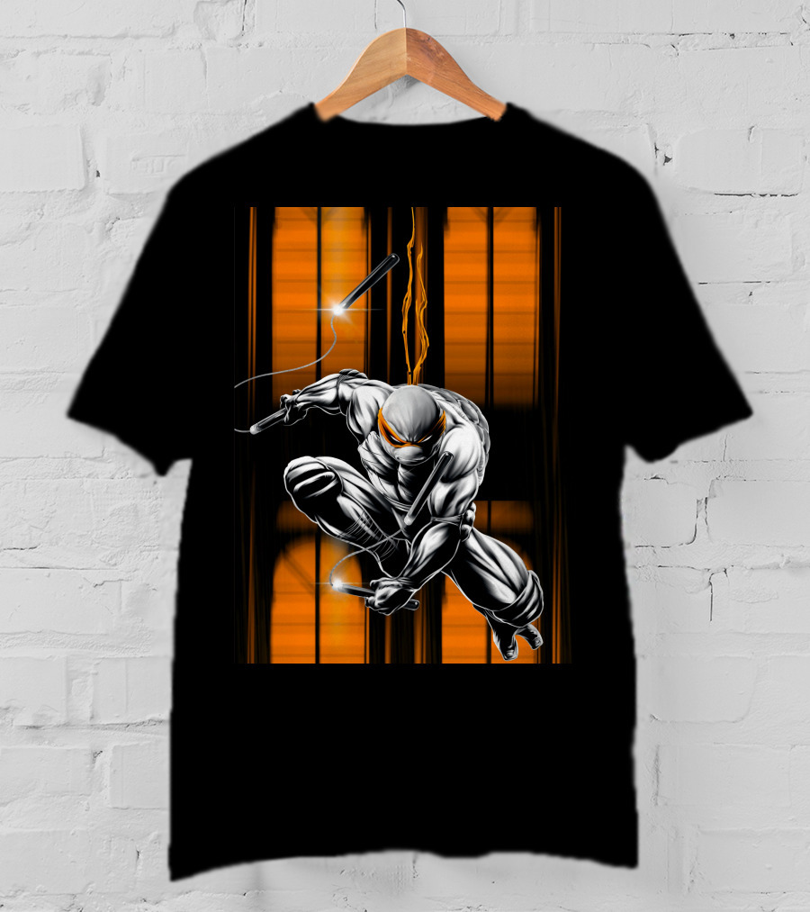 Michelangelo Ninja Turtle Nunchaku Action Orange Stripes T-Shirt