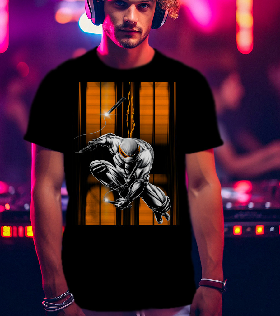 Michelangelo Ninja Turtle Nunchaku Action Orange Stripes T-Shirt