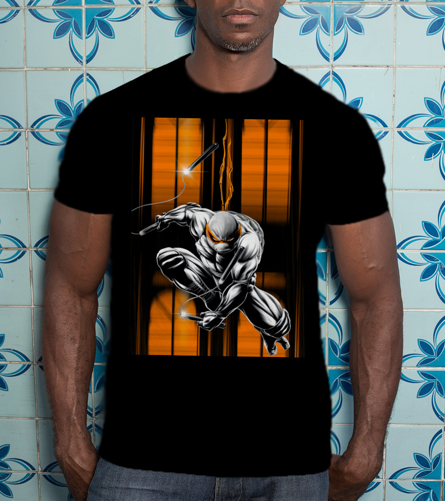 Michelangelo Ninja Turtle Nunchaku Action Orange Stripes T-Shirt
