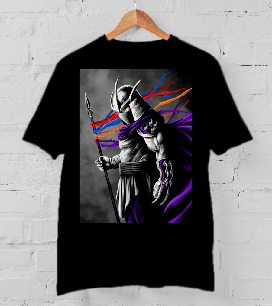 Shredder Villain With Spear And Flowing Cape In Colorful Ribbons T-Shirt