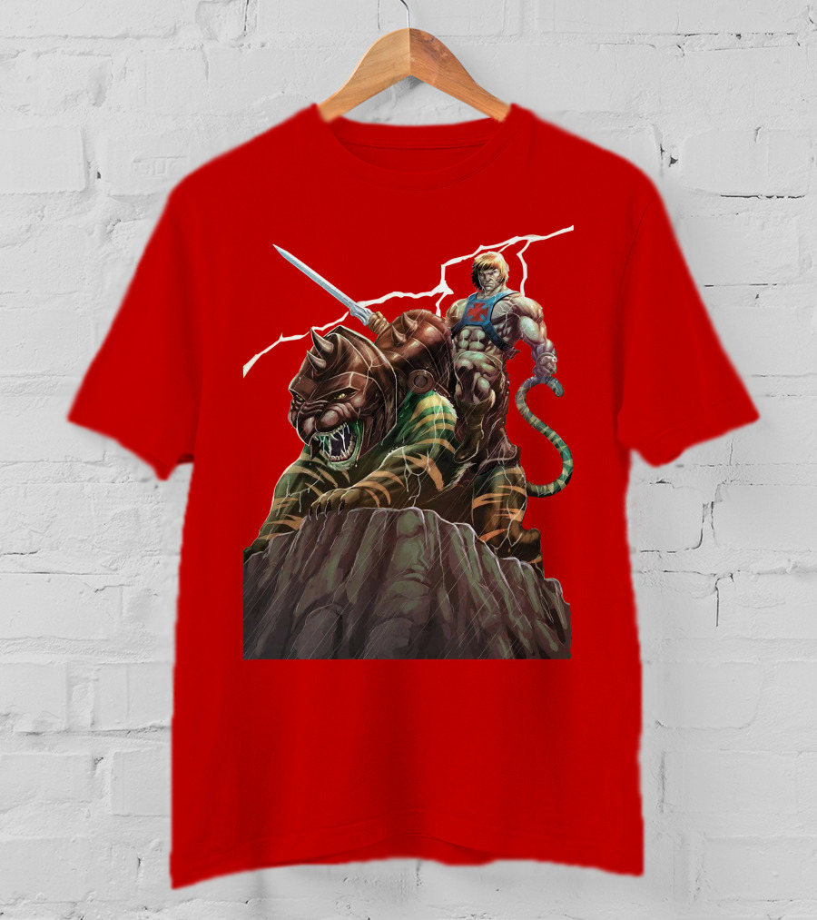 He-Man Masters Of The Universe Sword And Battle Cat On Rock With Lightning T-Shirt