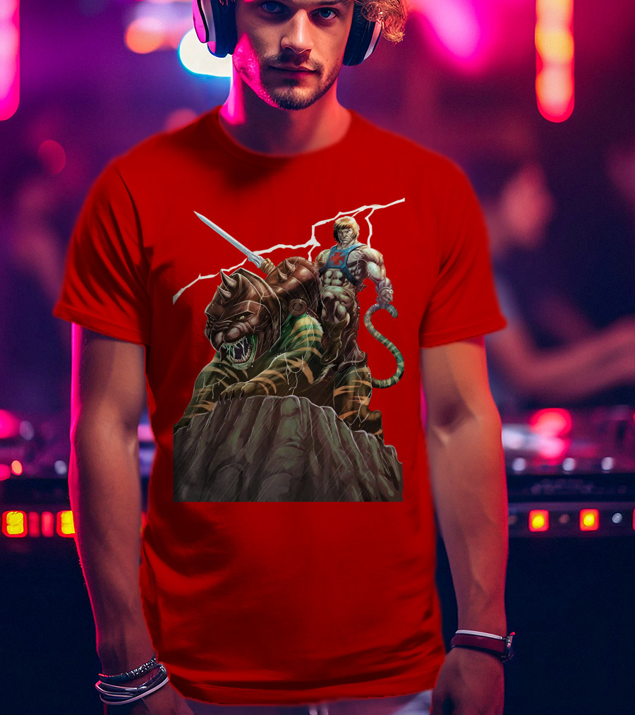 He-Man Masters Of The Universe Sword And Battle Cat On Rock With Lightning T-Shirt