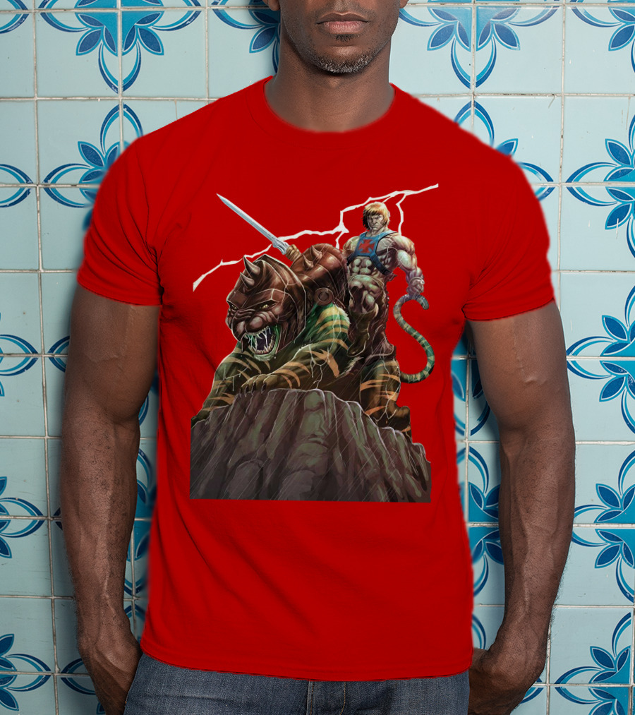 He-Man Masters Of The Universe Sword And Battle Cat On Rock With Lightning T-Shirt