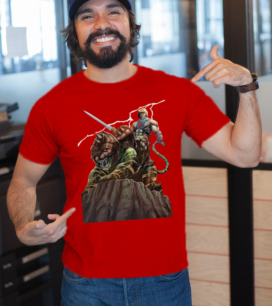 He-Man Masters Of The Universe Sword And Battle Cat On Rock With Lightning T-Shirt