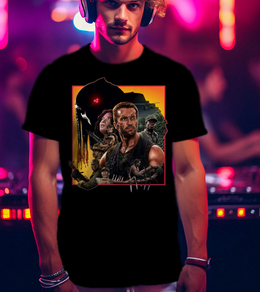 Predator Movie Characters And Jungle Battle Scene T-Shirt