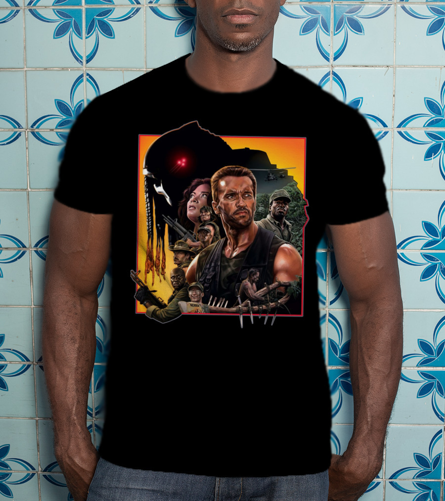 Predator Movie Characters And Jungle Battle Scene T-Shirt