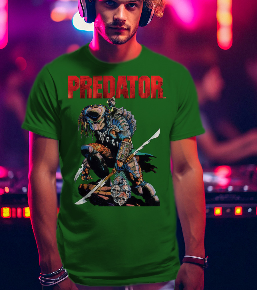 Predator Armored Warrior Kneeling With Blade And Skull Trophy T-Shirt
