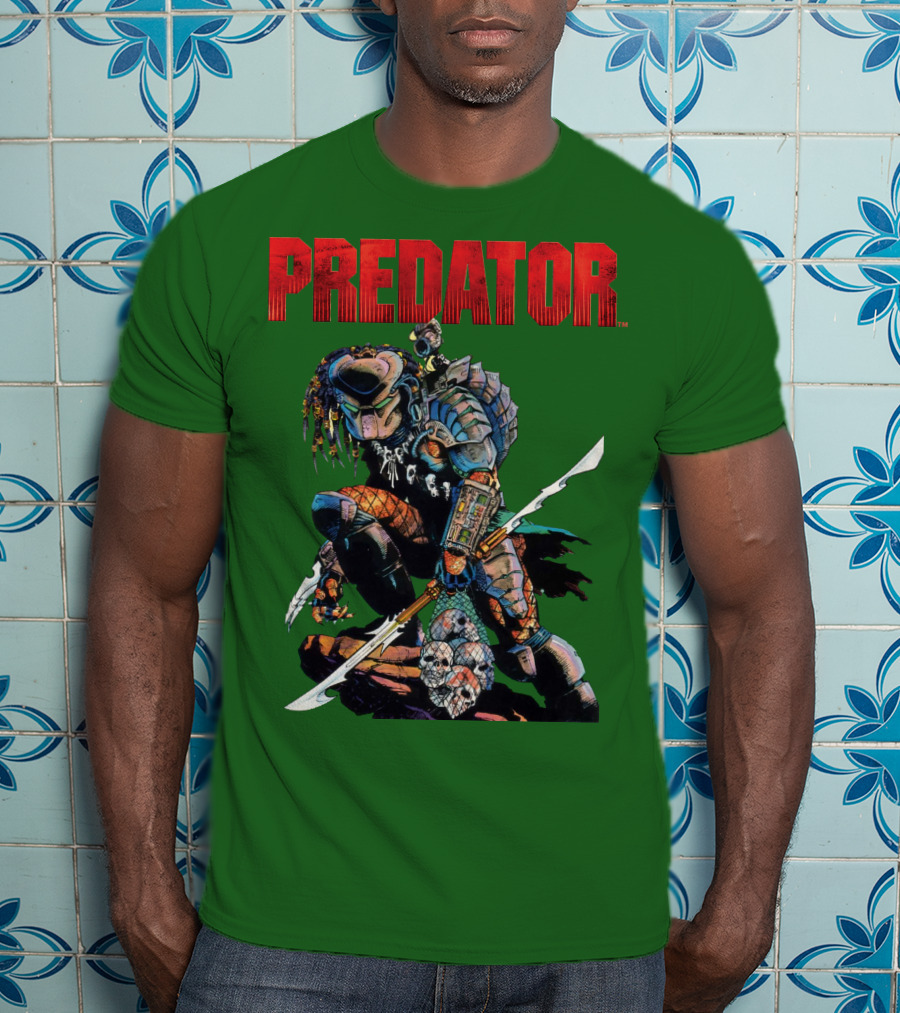 Predator Armored Warrior Kneeling With Blade And Skull Trophy T-Shirt