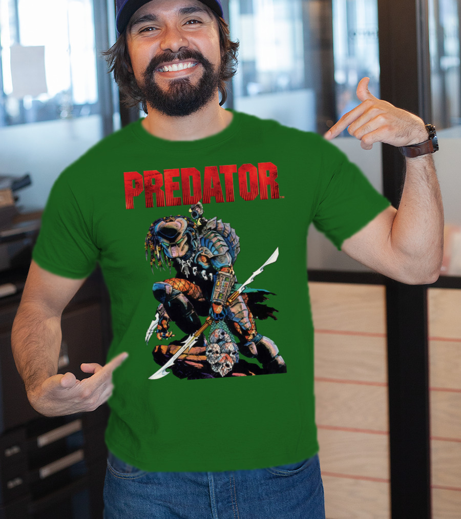 Predator Armored Warrior Kneeling With Blade And Skull Trophy T-Shirt