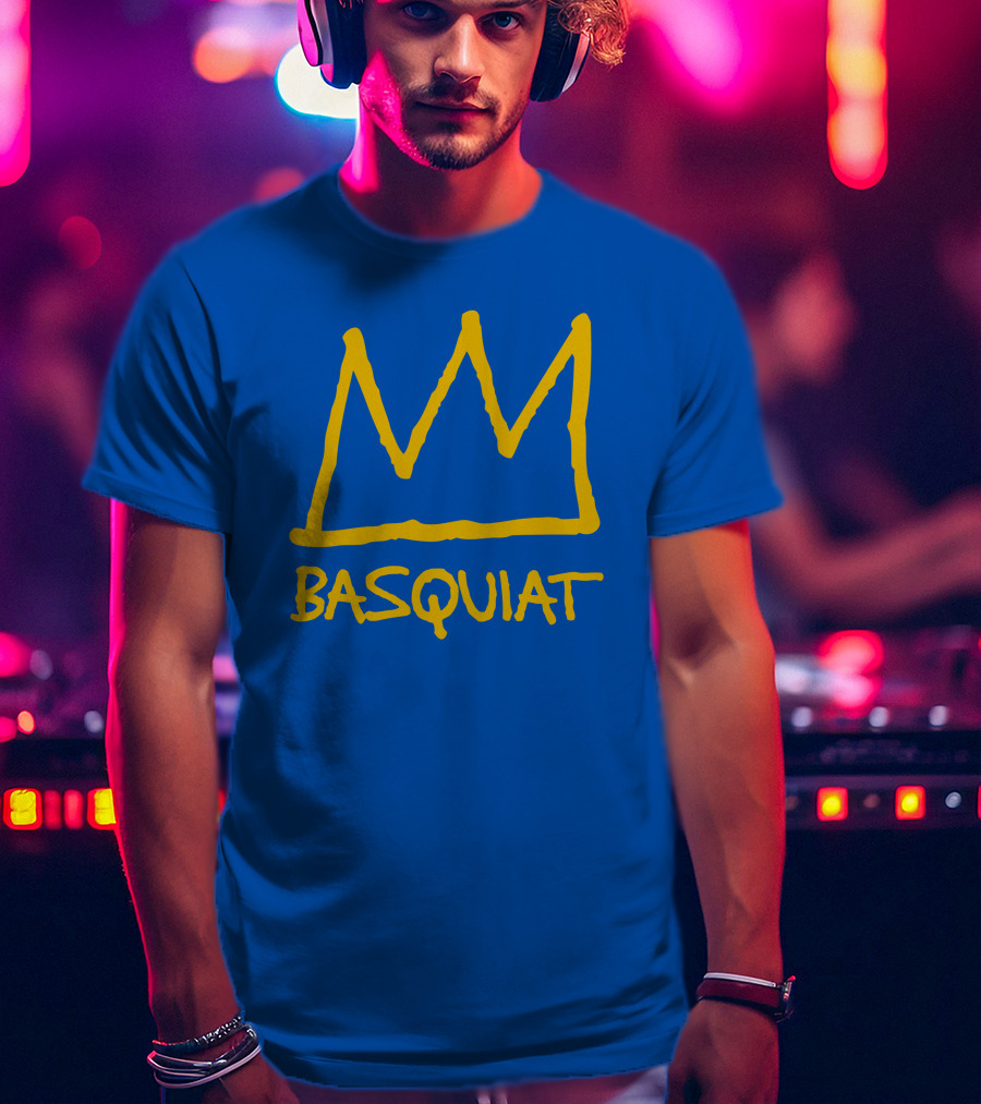 Basquiat Crown Icon Yellow On Blue T-Shirt
