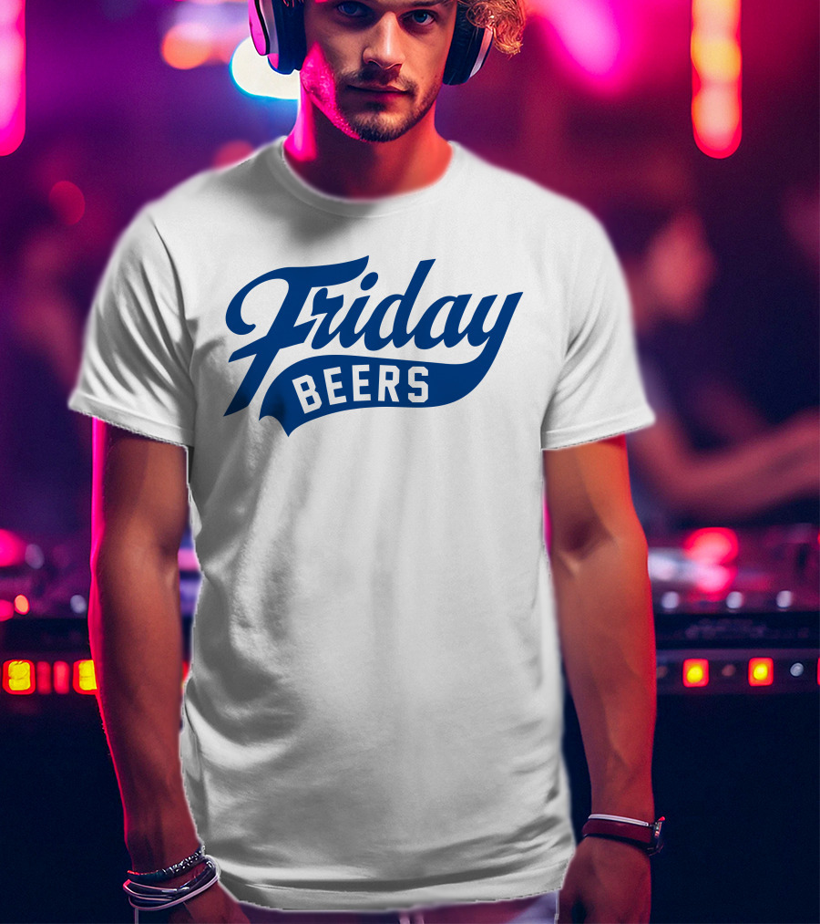 Friday Beers Signature White Logo Blue Text T-Shirt