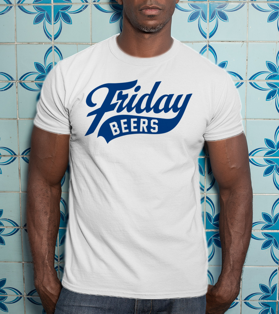 Friday Beers Signature White Logo Blue Text T-Shirt