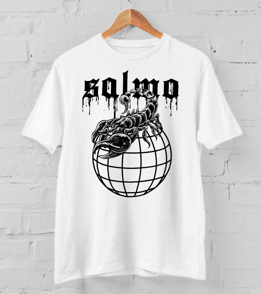 Salmo Scorpio With Dripping Text And Scorpion On Globe T-Shirt