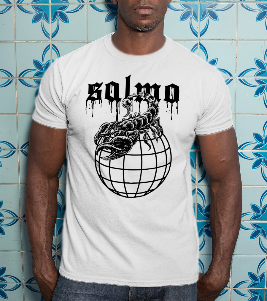 Salmo Scorpio With Dripping Text And Scorpion On Globe T-Shirt