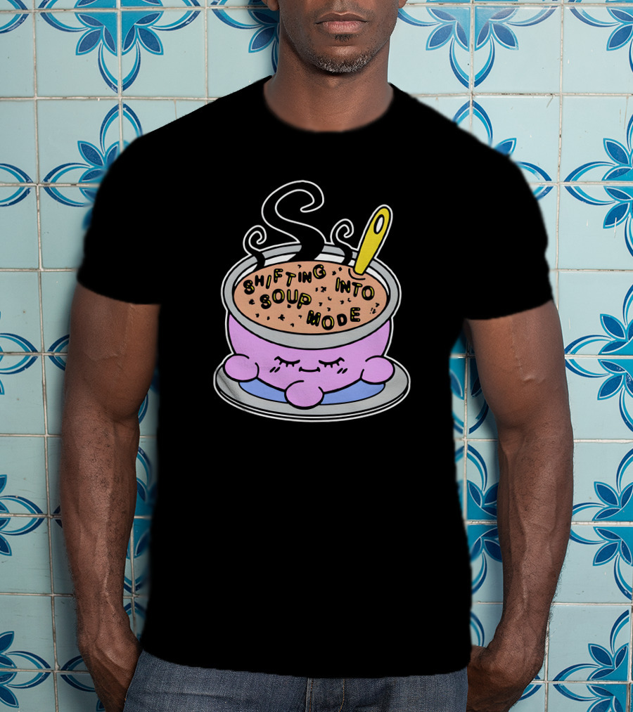 Shifting Into Soup Mode Adorable Pink Character In Relaxing Steamy Bowl With Yellow Spoon T-Shirt