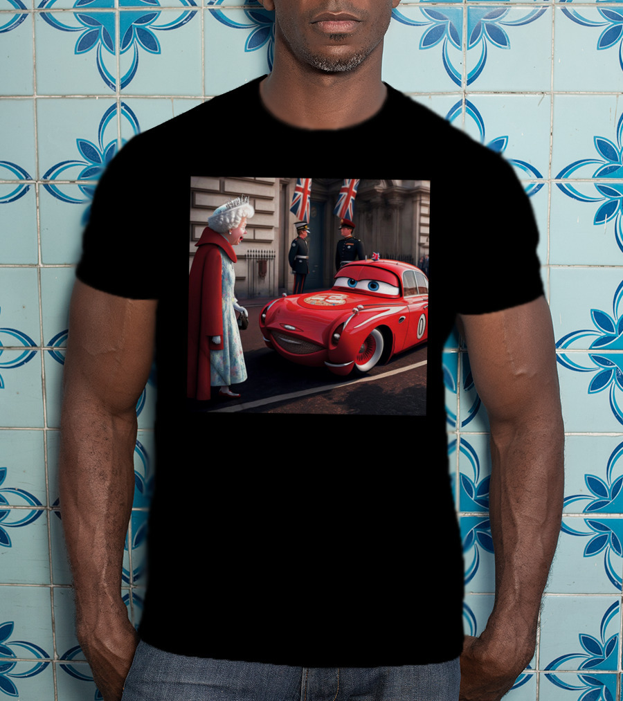 Lightning McQueen Meets Queen Of England With British Guards And Flags T-Shirt