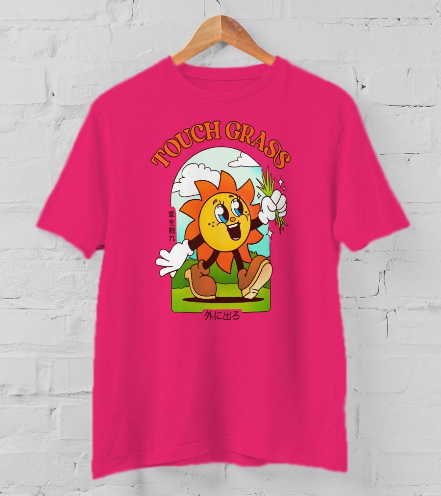 TOUCH GRASS Hellvetika Sunflower Character Boots Japan Text T-Shirt