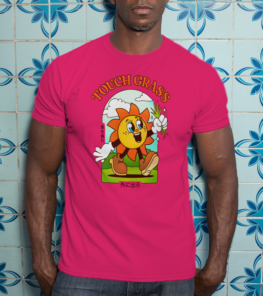 TOUCH GRASS Hellvetika Sunflower Character Boots Japan Text T-Shirt