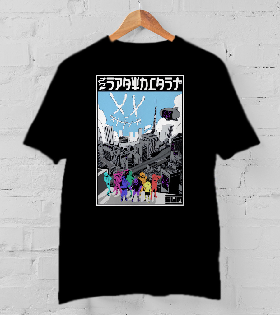 Spawncast Cyberpunk Cityscape With Masked Figures And Smiling Skyline Eyes T-Shirt
