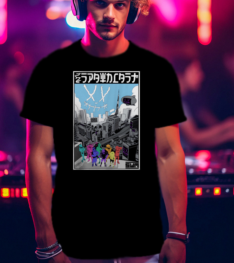 Spawncast Cyberpunk Cityscape With Masked Figures And Smiling Skyline Eyes T-Shirt