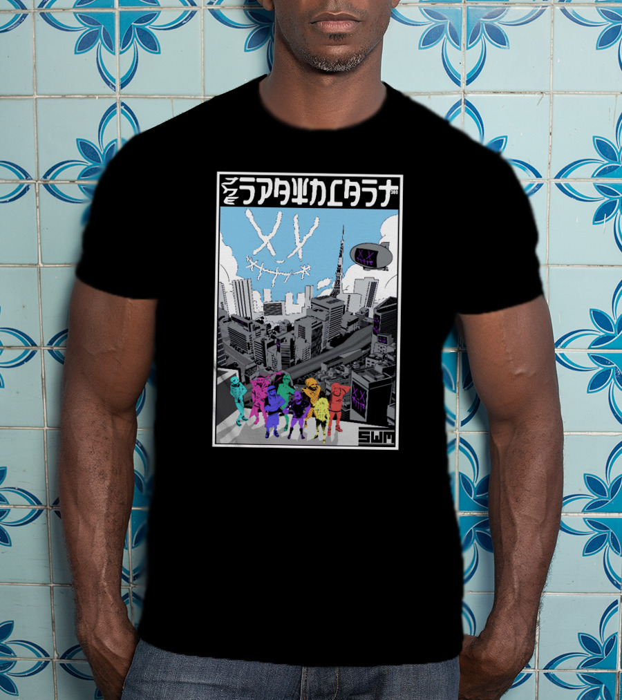Spawncast Cyberpunk Cityscape With Masked Figures And Smiling Skyline Eyes T-Shirt