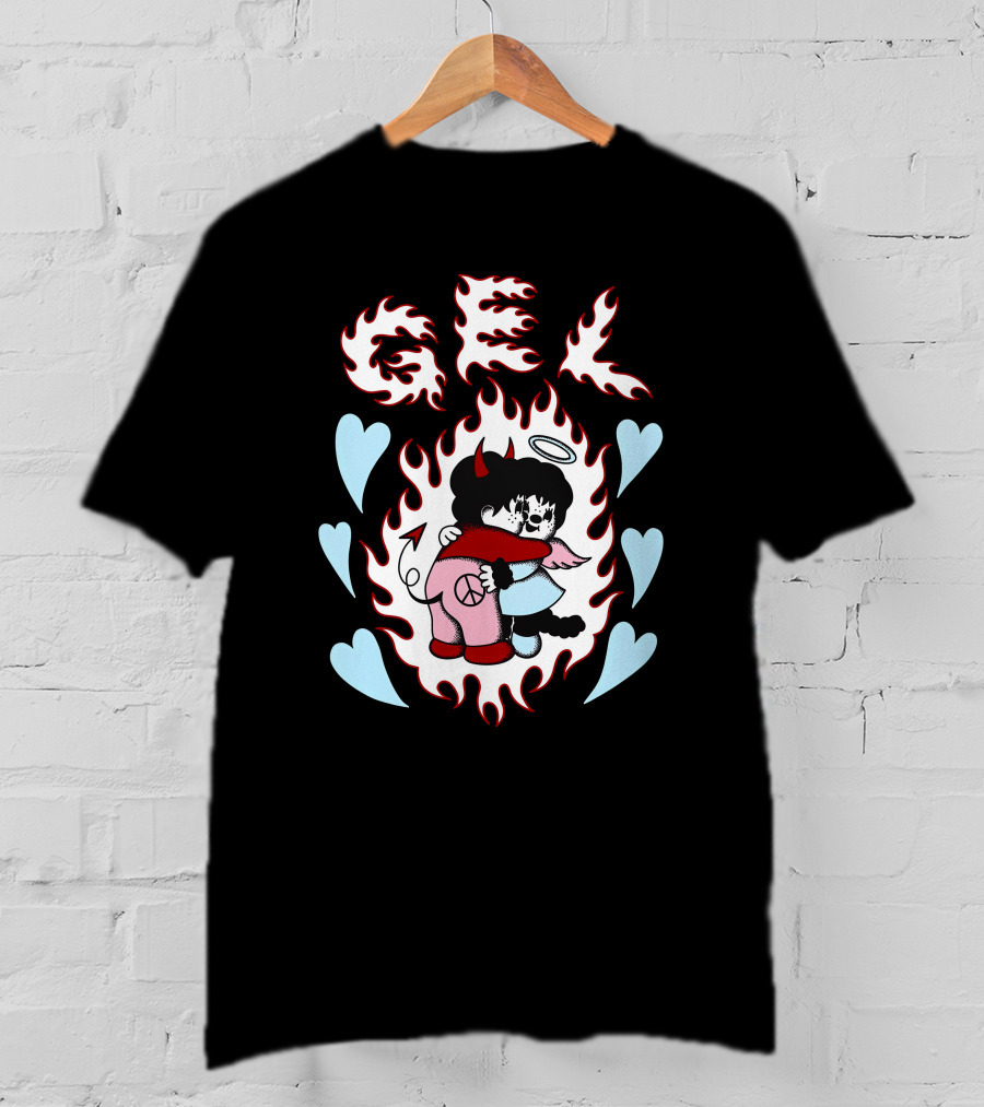 GEL Flaming Angels And Demons Embrace With Hearts T-Shirt