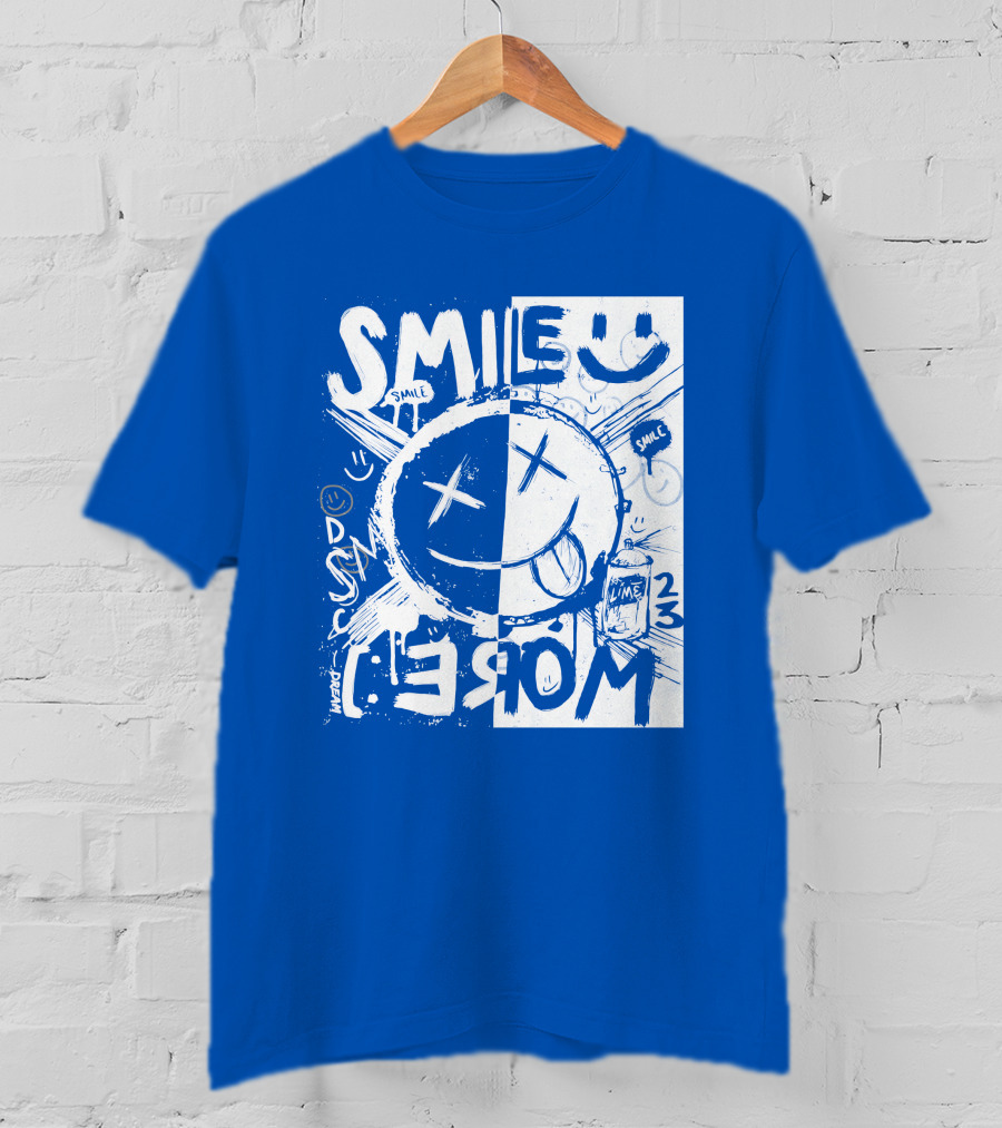 Smile More April Members Only Blue Grunge Style Smiley Face T-Shirt