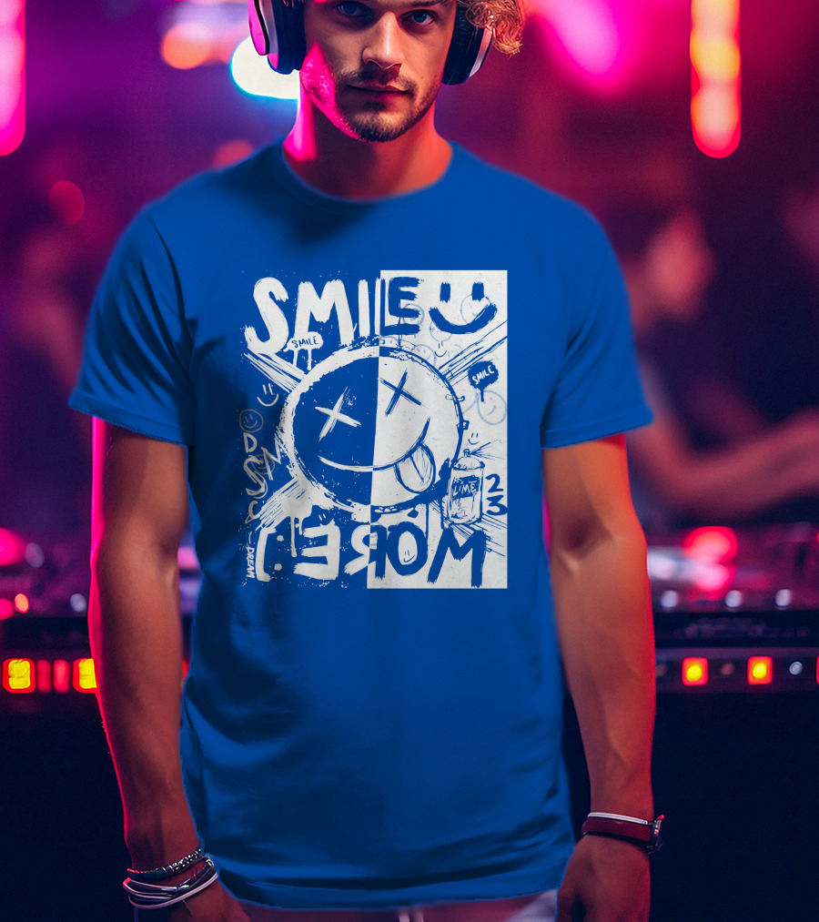 Smile More April Members Only Blue Grunge Style Smiley Face T-Shirt