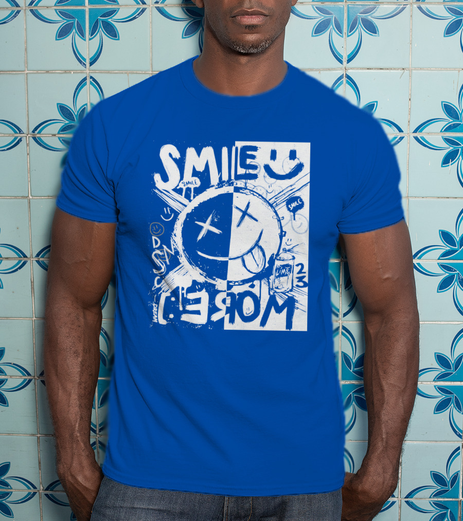 Smile More April Members Only Blue Grunge Style Smiley Face T-Shirt