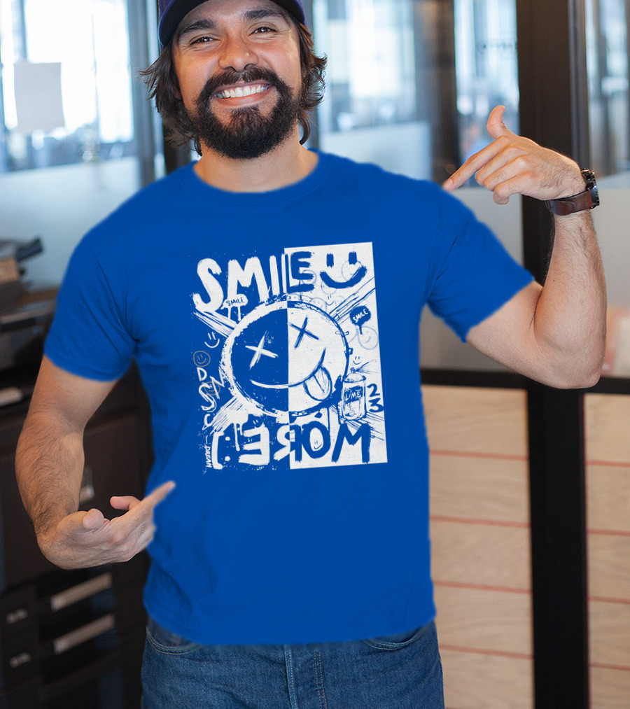 Smile More April Members Only Blue Grunge Style Smiley Face T-Shirt
