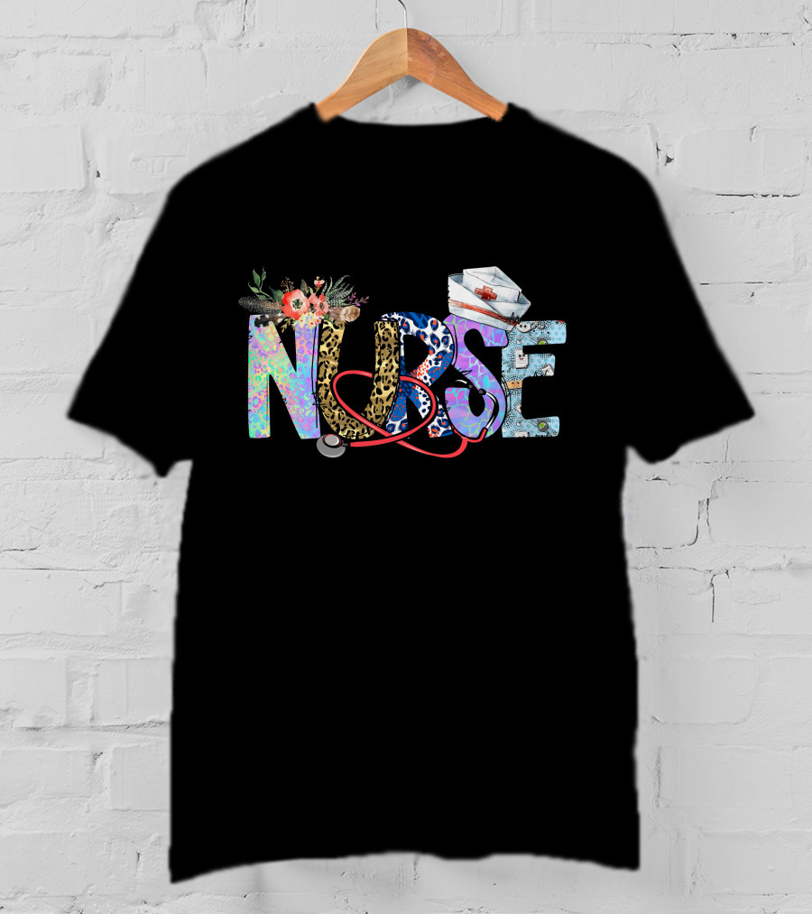 Nurse Colorful Floral Animal Print Stethoscope Hat T-Shirt