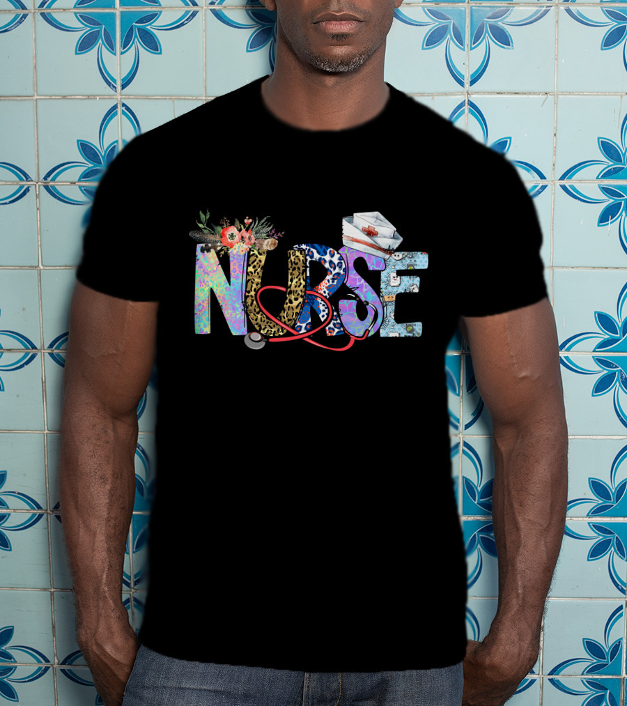 Nurse Colorful Floral Animal Print Stethoscope Hat T-Shirt
