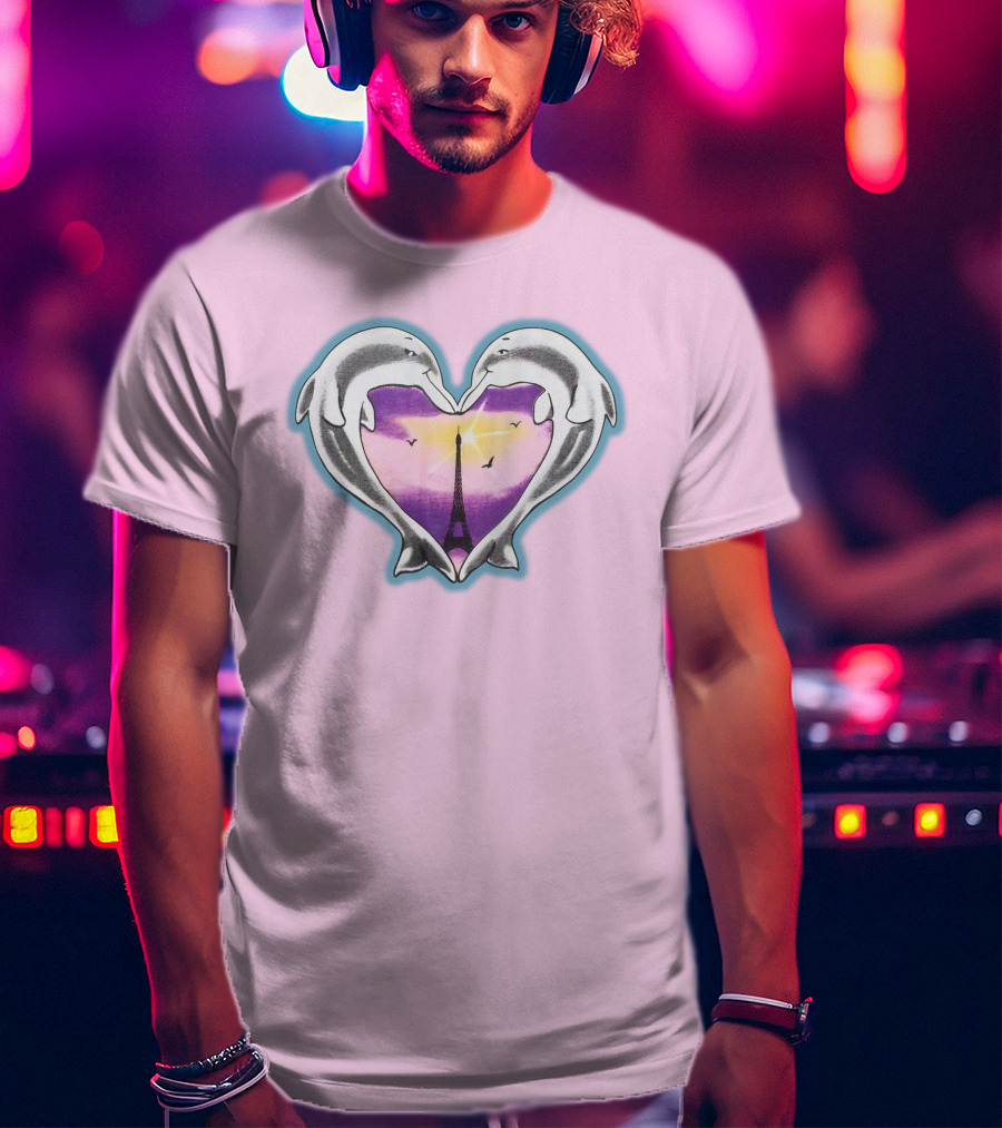 Dolphins Heart Eiffel Tower Sunset Paris Pink Background T-Shirt