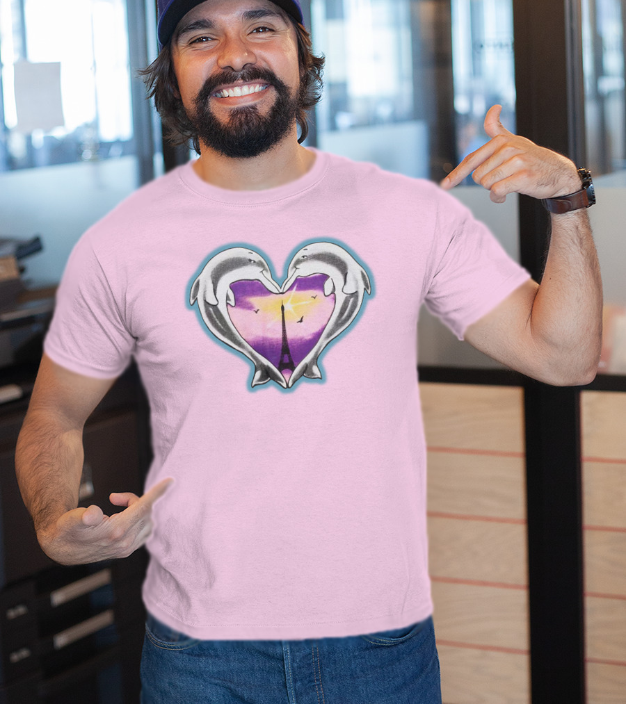 Dolphins Heart Eiffel Tower Sunset Paris Pink Background T-Shirt