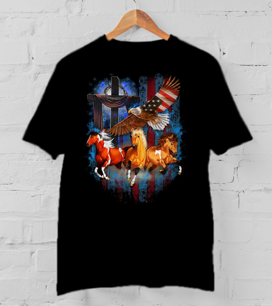 GOD Horse American Flag Eagle Cross T-Shirt