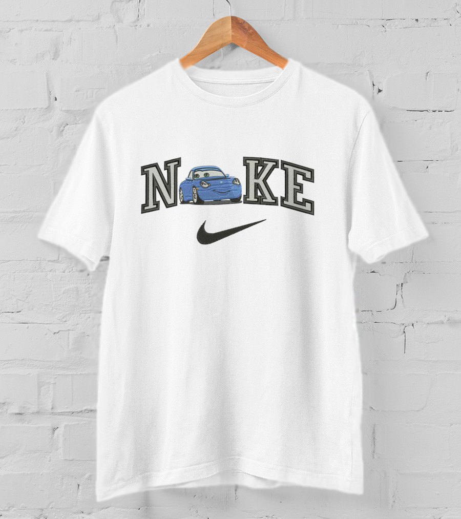 Nika Car 1 Parody With Blue Cartoon Car And Swoosh T-Shirt