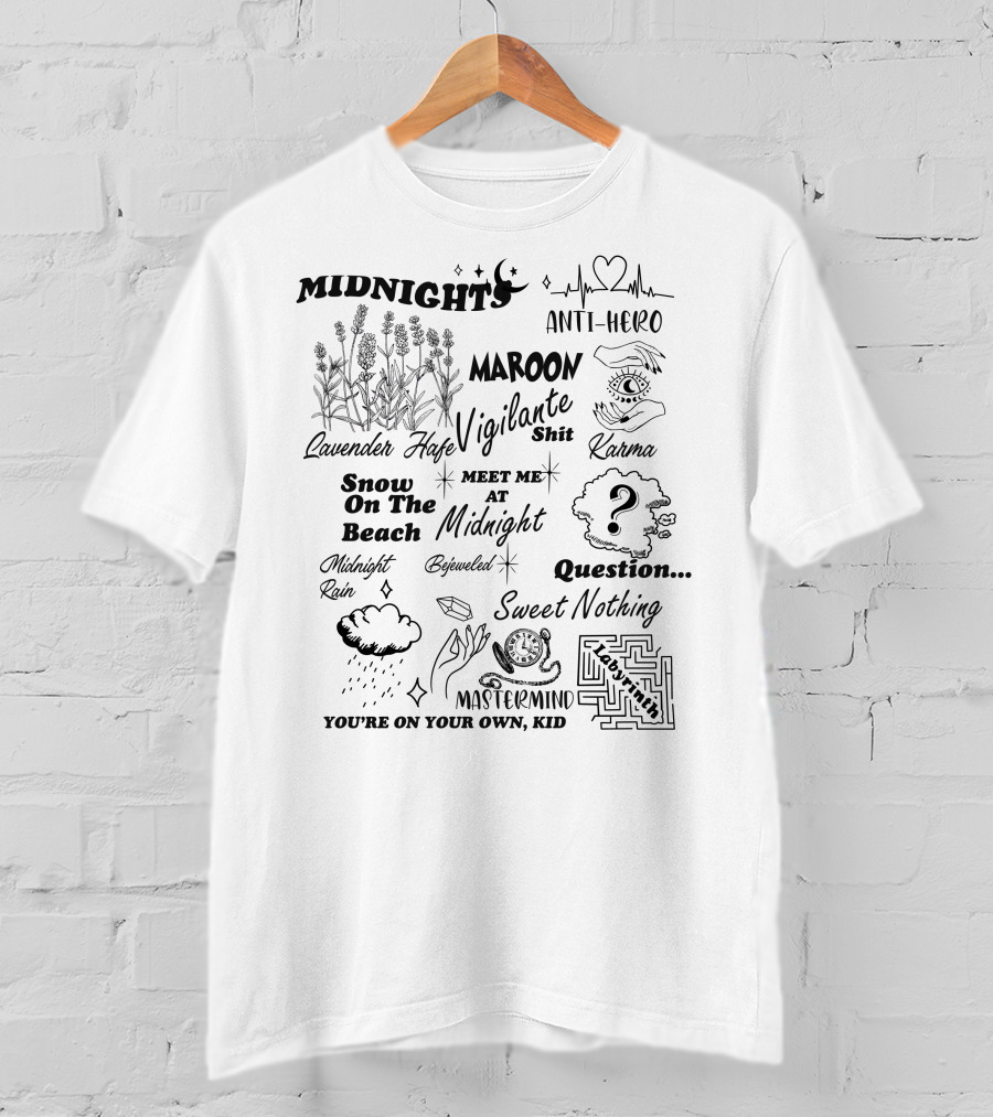 Taylor Swift Midnights Lavender Haze Anti-Hero Maroon Snow On The Beach Karma Question Sweet Nothing Mastermind T-Shirt